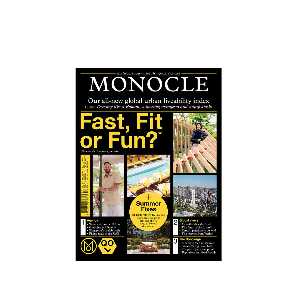 Monocle #185 is the summer issue featuring the new Global Urban Liveability Index, Enrique Olvera’s retreat, all-electric ferries, Hermès timepieces, and more.