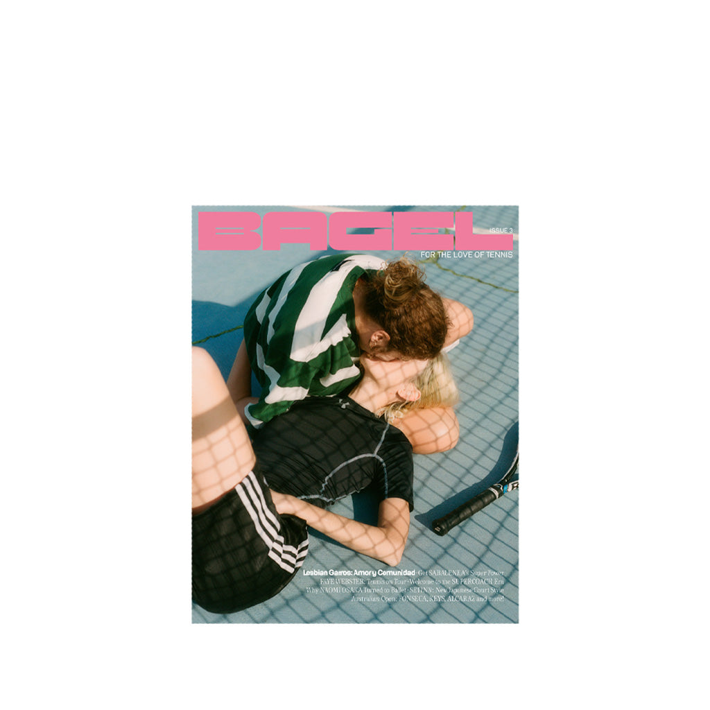Bagel #3 magazine cover with two people embracing on a tennis court.