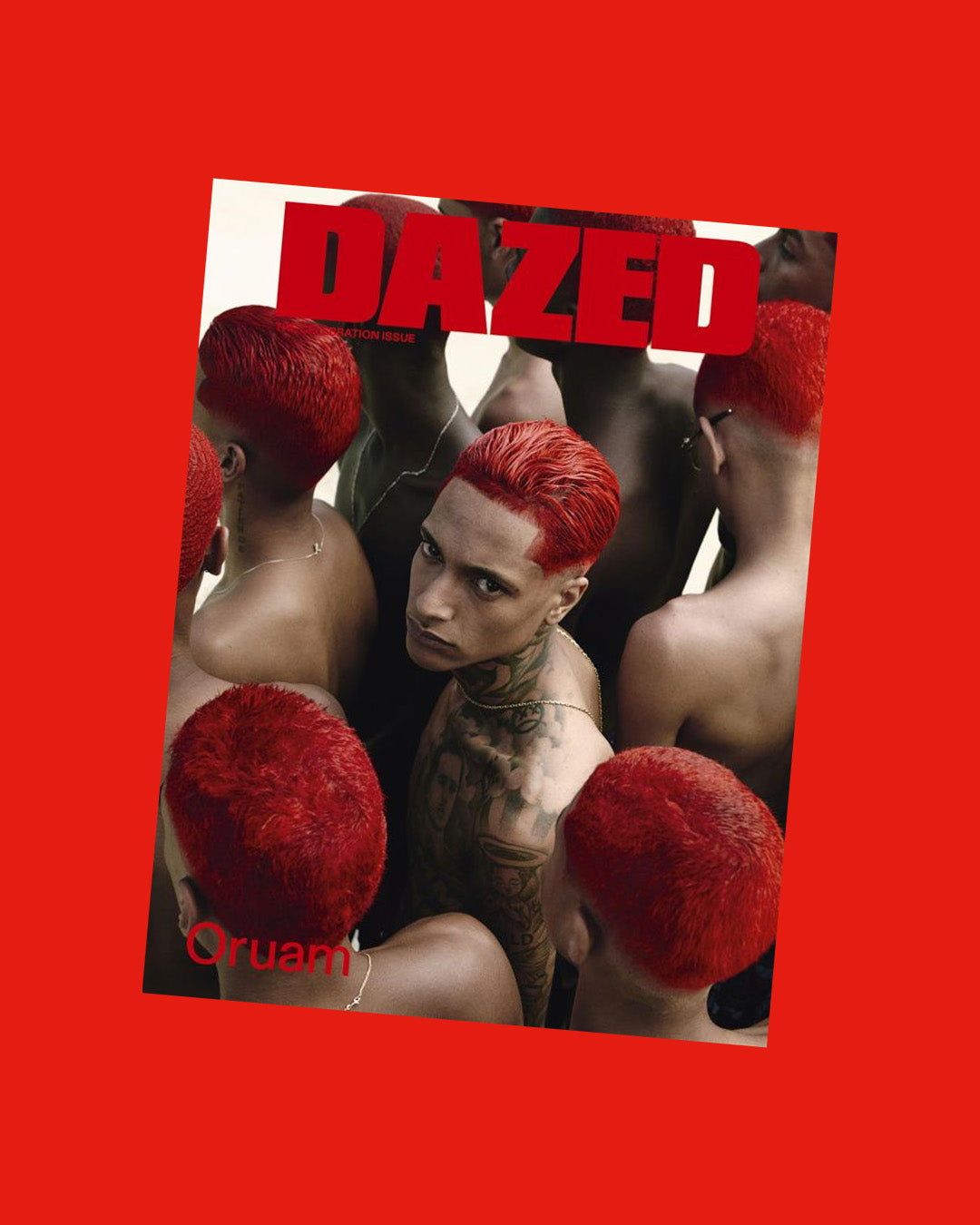 Magazine cover with 'Dazed' and 'Oruam' text on a red background