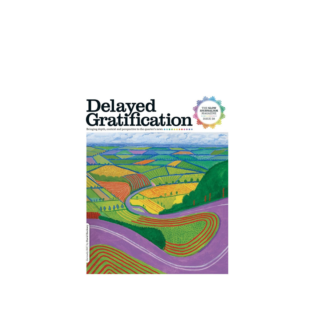 Delayed Gratification #58 magazine cover with a colourful landscape by David Hockney