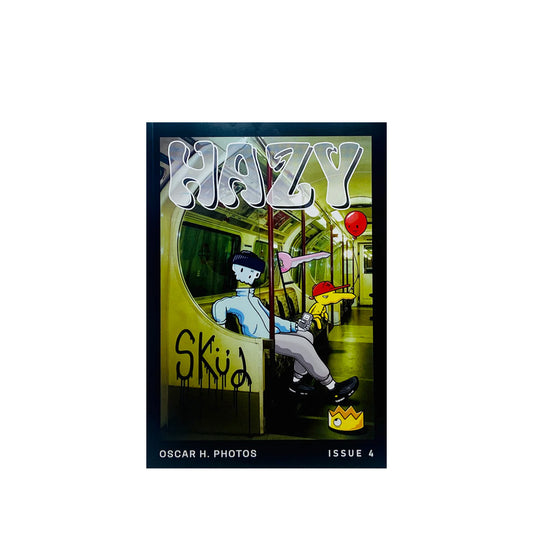 Hazy #4 magazine cover Book cover with a stylised illustration of a person and a dog, on the tube