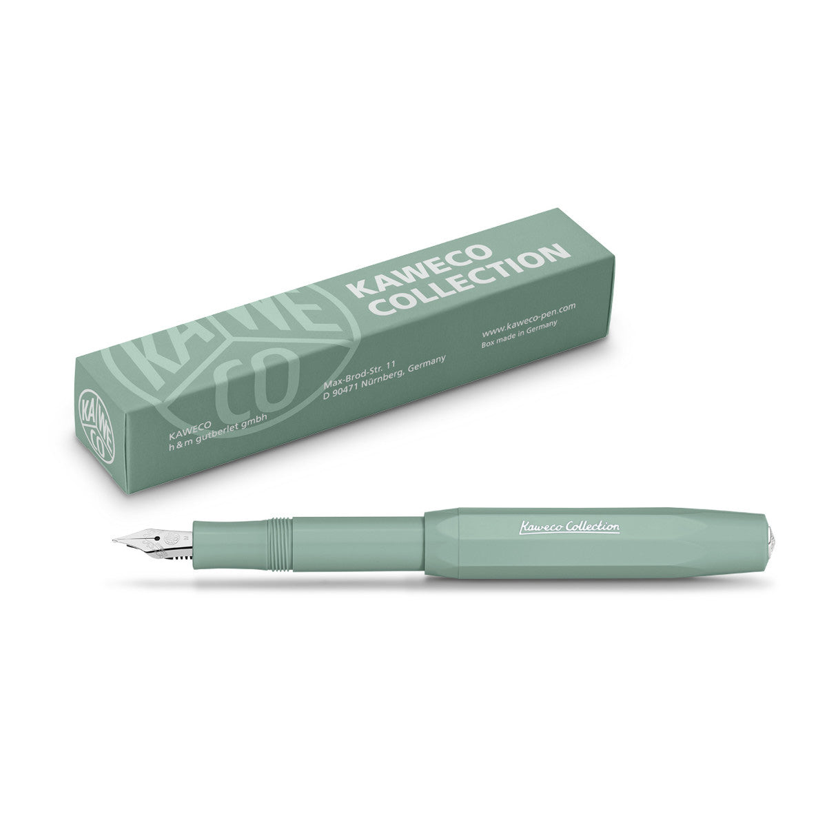 Kaweco Collection Smooth Sage Fountain Pen displayed next to its matching packaging box.
