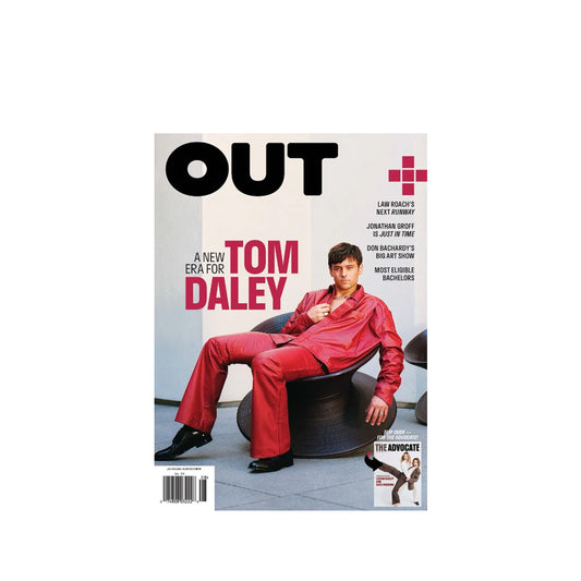 OUT #322 magazine cover featuring Tom Daley in a red outfit.